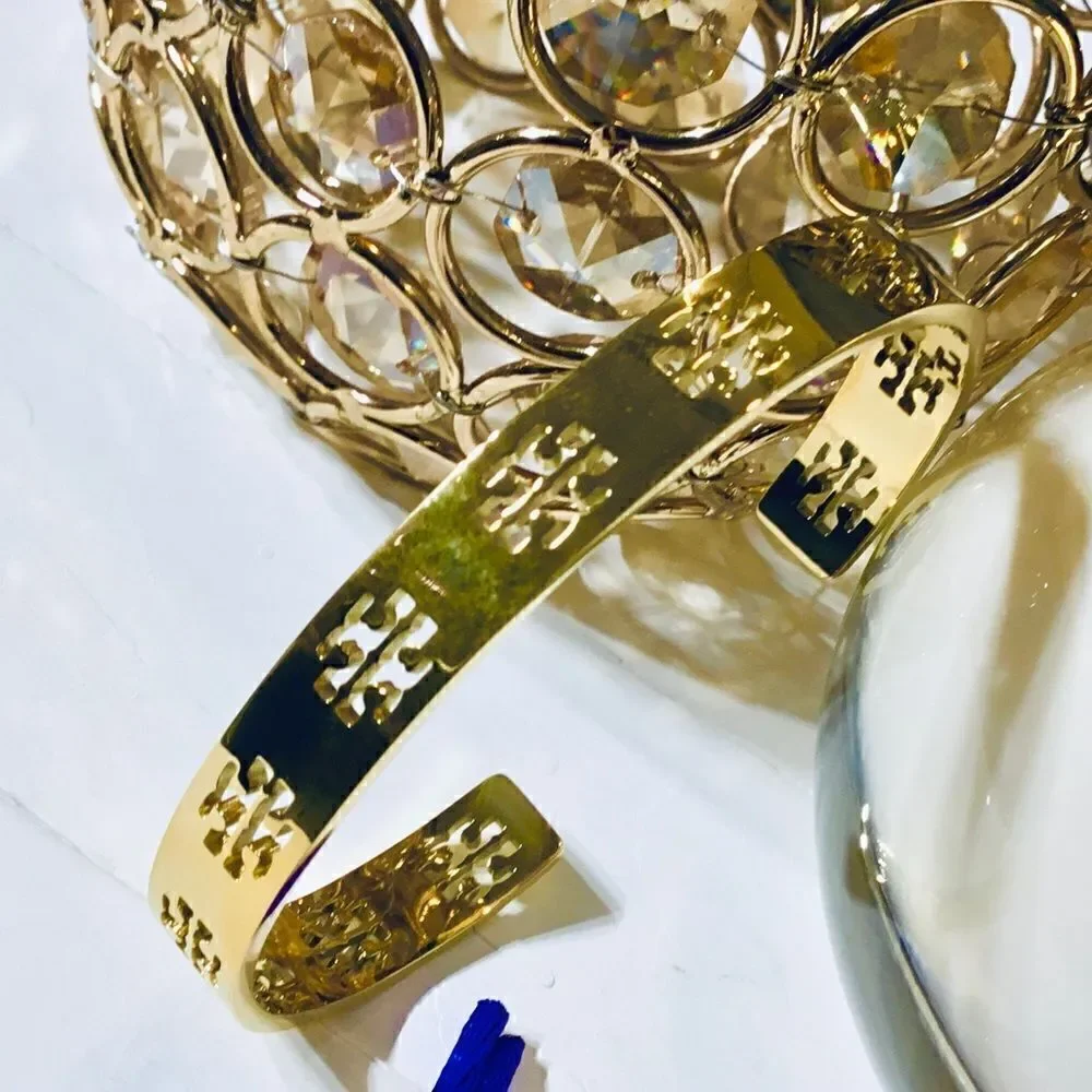TORY BURCH LOGO DOUBLE T CUFF 18K GOLD TONE BRACELET
